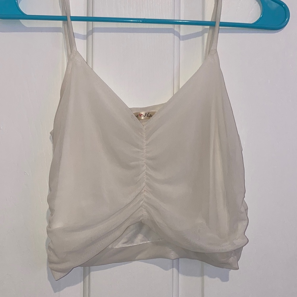 White chiffon ruched cropped tank with adjustable straps